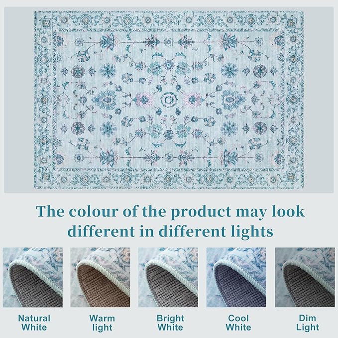 Tangsoo 3x5 Floral Area Rug Washable Non-Slip Low Pile Vintage Boho Distressed Carpet for Bedroom, Entryway, Kitchen, Office, Foyer Decor - Pet & Child Friendly (Light Blue)