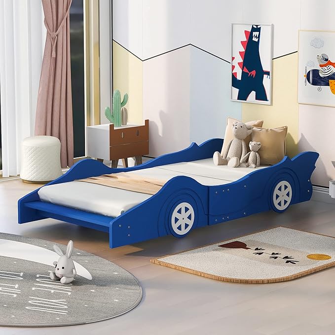 Twin Size Race Car-Shaped Platform Bed Bedframe with Wheels, 87.4" L x 40.3" W x 16.1" H Blue