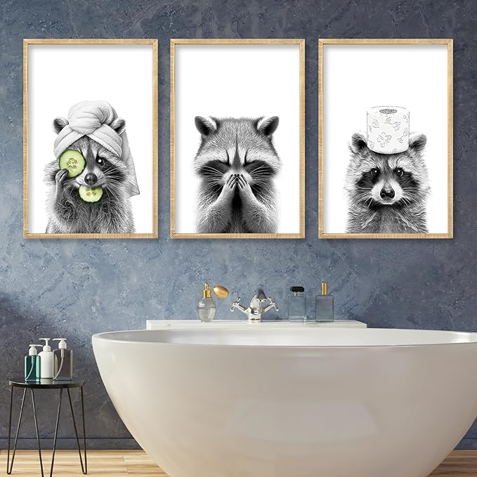 Funny Bathroom Adorable Raccoon Wall Art Decor 16x11 Inch Set Of 3 Laundry Animal Prints Wooden Framed Signs Rustic Washroom Interesting Modren Artwork Wall Hanging Deoration (Wood)