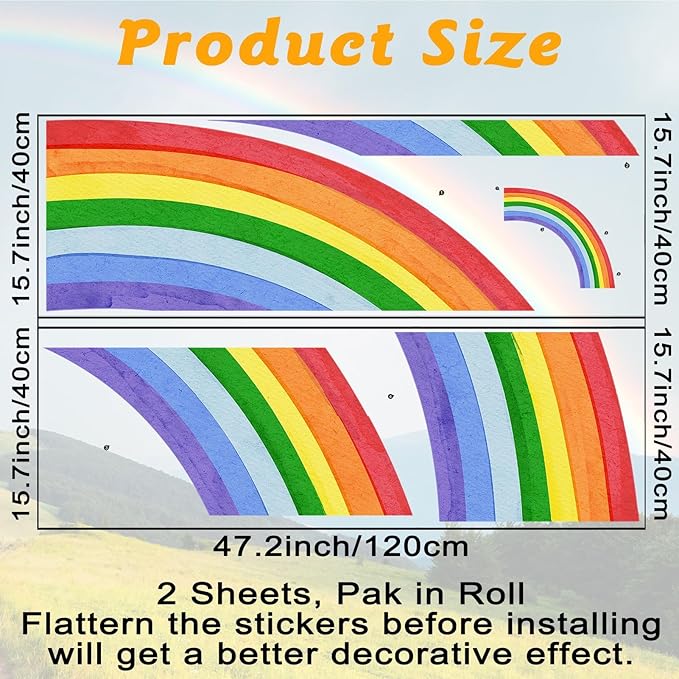 Rainbow Wall Decals - Large Watercolor Rainbow Wall Decor Stickers for Kids' Room, Peel and Stick Half Art Murals for Girls' Room/Bedroom