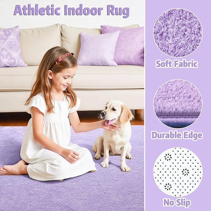 Chicrug 5x7 Minimalist Washable Area Rugs for Bedroom Living Room Classroom, Modern Soft Memory Foam Rug for Kids Nursery, Low Plie Indoor Carpet for Dorm Dining Office Bedside Room Decor, Purple