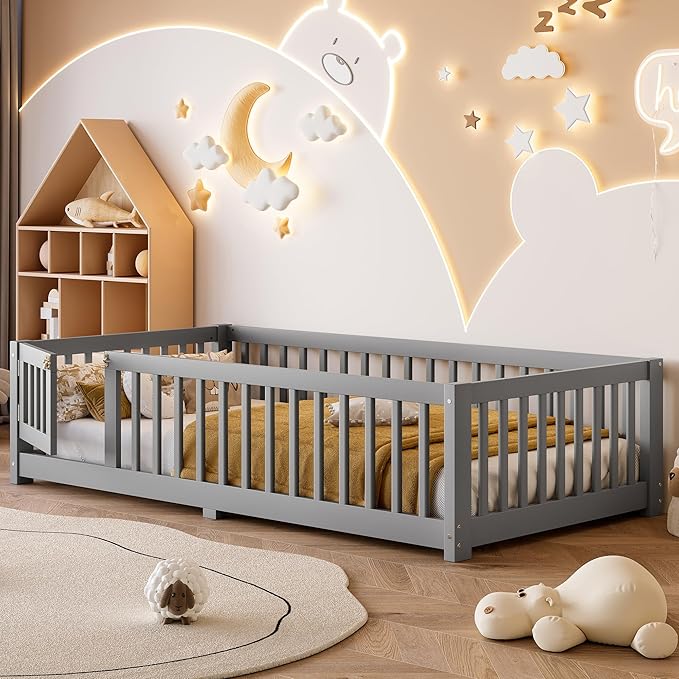 Twin Size Floor Bed with Fence and Lockable Door, Wood Montessori Bed Frame with Slat Support for Kids,Boys,Girls,Easy Assembly, Gray