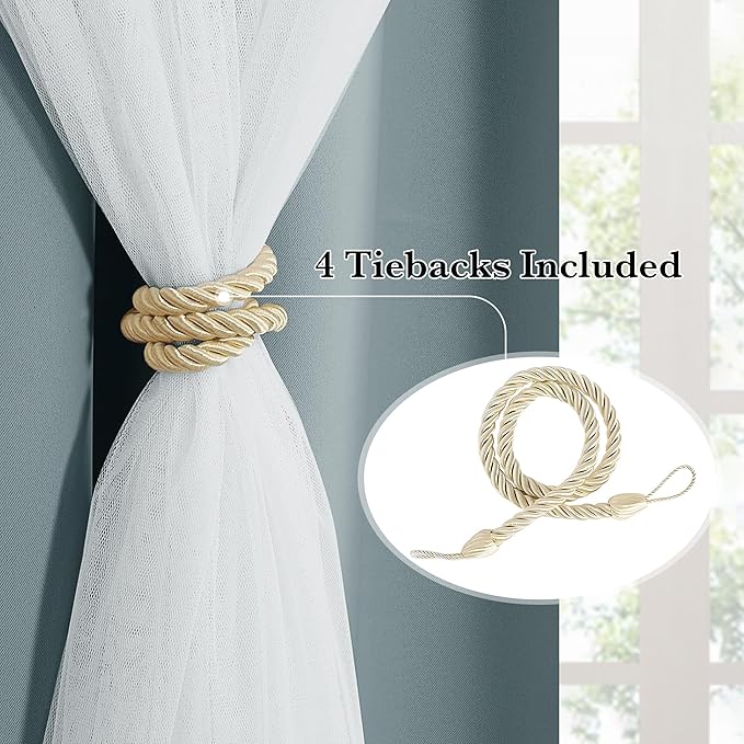 PONY DANCE Blackout Curtains Double Layer Curtains 84 Inches Long with White Sheer Elegance Grommet Window Panels for Girls Kids Room Darkening with Extra Tie-Backs (52x84, Shadow Blue, 2 PCs)