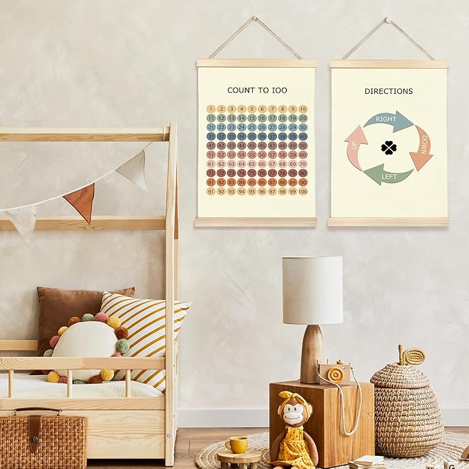 Hiuwevt Boho Classroom Poster Hanger Frame, Number Chart 1-100 and Direction Homeschool Educational Wall Art Decor for Math Classroom Kids Room Nursery Home, 12x16 Inch Set of 2
