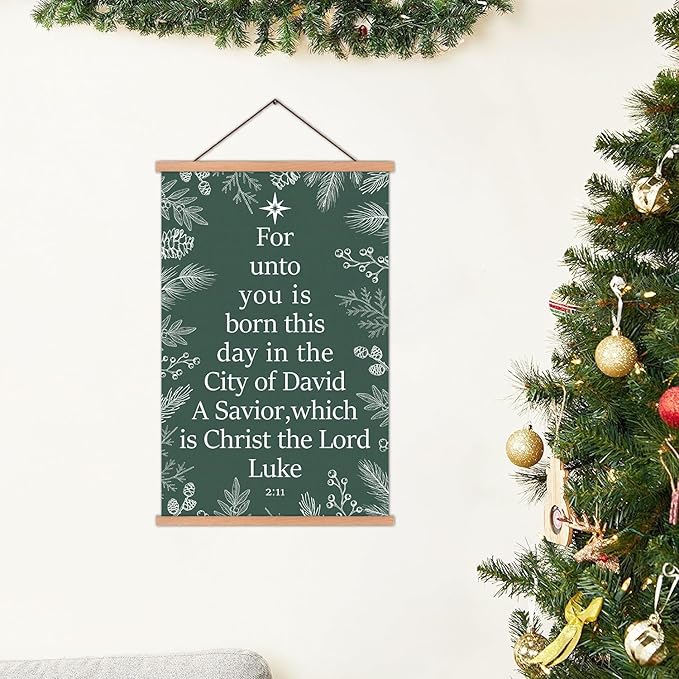 KAIRNE Christmas Wall Art,Christian Poster With Wooden Hanger(13.8”X22”),Green Snow Tree Picture,Xmas Bible Wall Decor,Christmas Gift for Friends Family Living Room Bedroom Farmhouse Decoration
