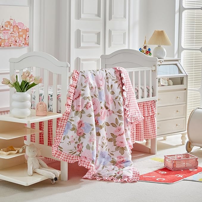 3 Pieces Pink Blue Rose Flowers Mini Crib Bedding Set Baby Ruffled Quilted Comforter with Fitted Sheet and Bed Skirt - Cute Ruffled Shabby Chic Baby Girls Bedding Soft Blanket Floral Design
