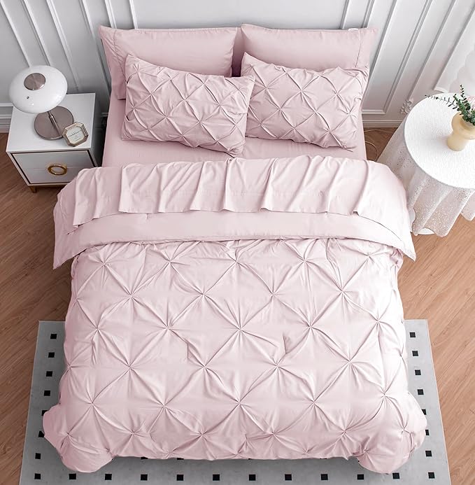 LANE LINEN Twin Comforter Set, 5 Piece Twin Size Bed in a Bag Sets, Pintuck Bedding Sets & Collections with Pink Comforter, Sheets, Pillowcases & Shams, Soft Twin Bedding Set - Sepia Rose