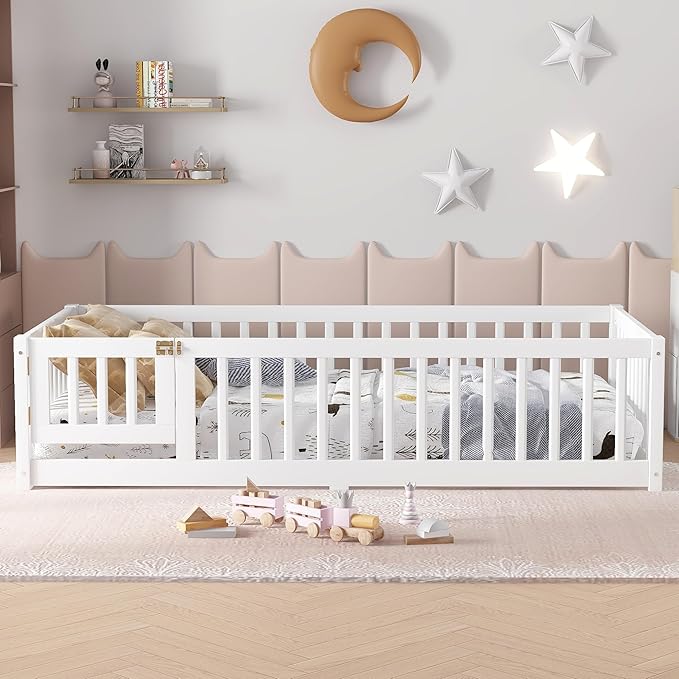 Harper & Bright Designs Twin Floor Bed Frame with Safety High Fence, Wood Montessori Bed with Door, Twin Size Floor Beds with Solid Wood Support Slats for Boys, Girls, Kids, White