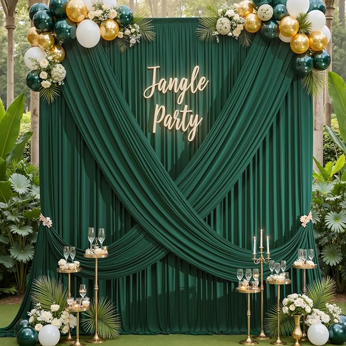 10×12ft Wrinkle Free Hunter Green Backdrop Curtain for Wedding Parties, 2 Panels 5×12ft Long Soft Silky Polyester Backdrop Drapes Photo Back Drop Curtains for Jungle Party Photography Background Cloth