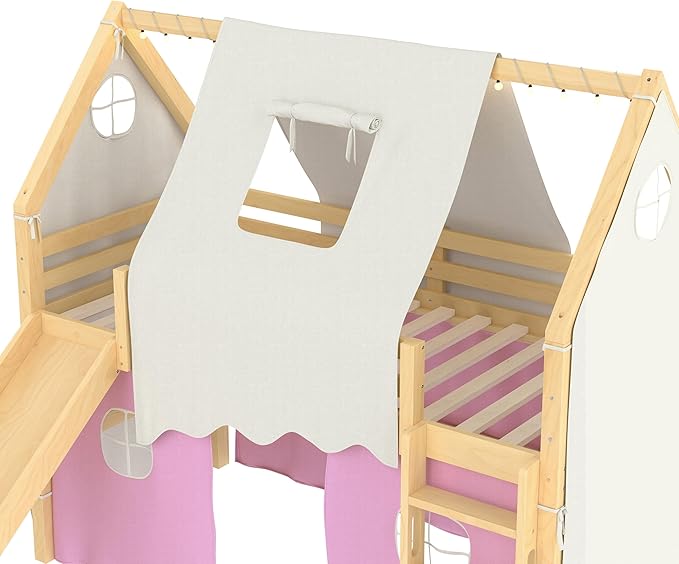 Playhouse Design Twin Size Loft Bed with Slide & Tent, Solid Wood Tent Bed Frame for Kids Boys Girls, Versatile Spacious Under Bed Space, Chic Design with Lights (Natural+Pink-Twin)