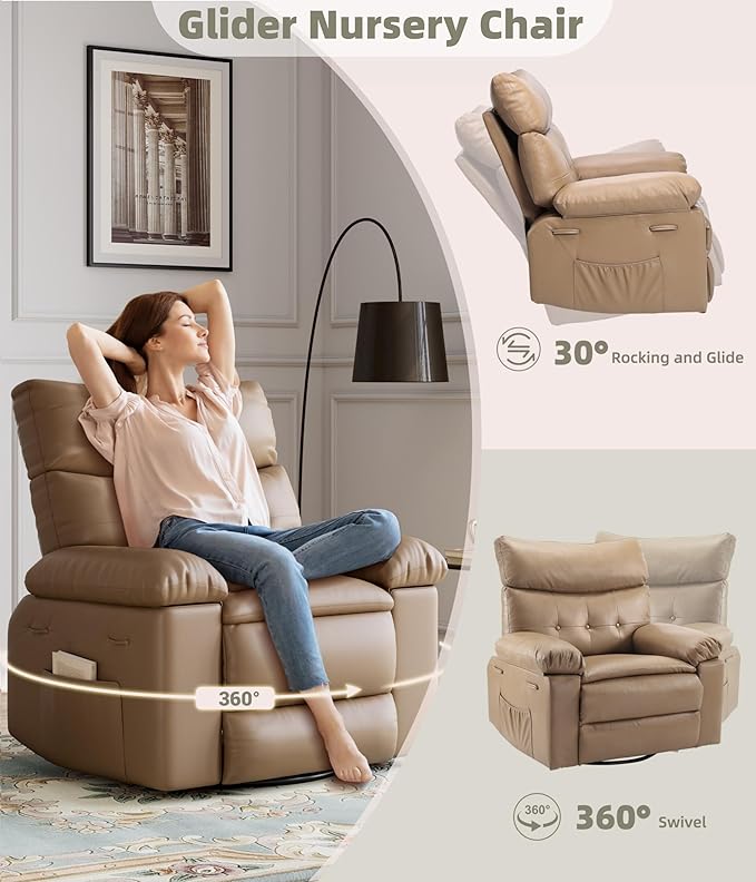 GarveeHome Oversized Rocker Swivel Recliner Chair - PU Leather Extra Wide Manual Recliner for Adults, Large Lazy Chair with 1.5X Sponge Comfort Arm and Back for Living Room, Bedroom