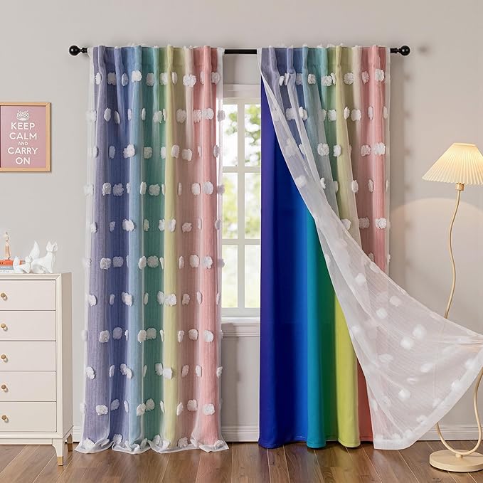 MYSKY HOME Rainbow Pom Pom Sheer and Blackout Curtains Double Layer 84 Inches Long Kids Curtain for Girls Bedroom Living Room Ombre Room Darkening Window Drapes Back Tab 52 x 84 in 2 Panels