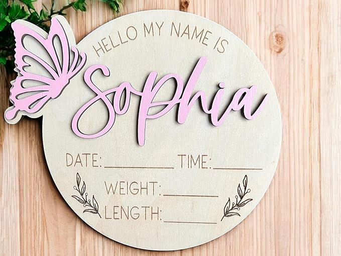 Personalized 3D Butterfly Birth Announcement Sign, Wooden Name sign, Hospital Photo prop Baby Name Reveal (Butterfly Left Hello My Name is)
