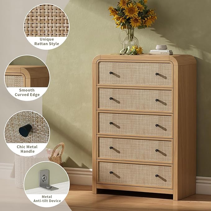 Oak&Sparrow 5 Drawer Tall Dresser for Bedroom, 47'' Rattan Dresser with Ample Storage, Boho Chest of Drawers, Thickened Curved Profile Design, Oak Dressers for Bedroom, Living Room