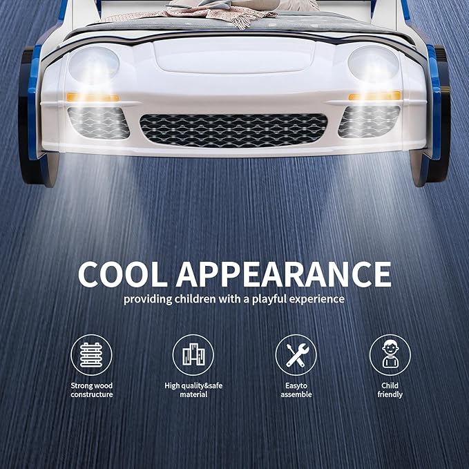 Bed Frames for Kids, Hero Patrol Police Car Bed Wooden Platform Bed Frame with LED Lights, Twin Size Chidren Bed Frame with Wood Slat Support, Fits Standard Twin Mattres (Blue)