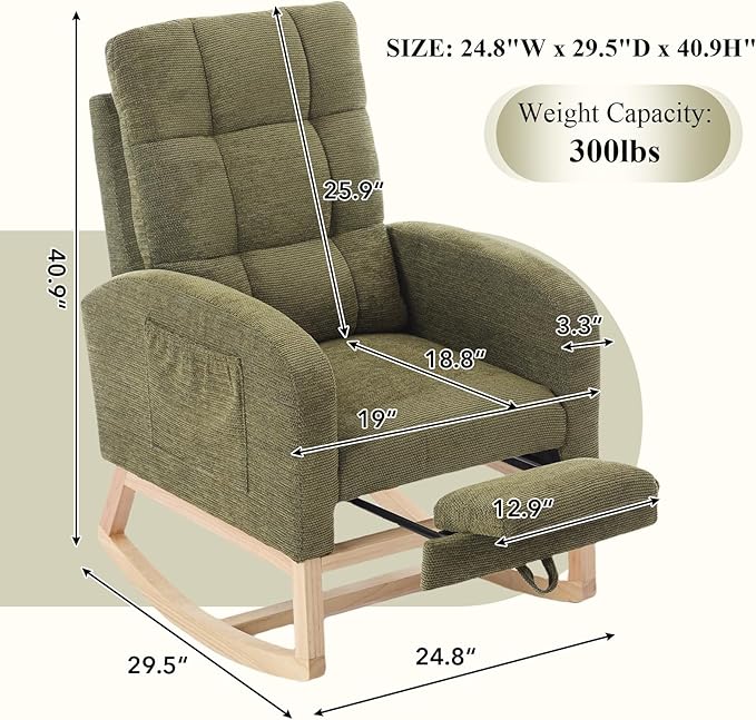 Nursery Rocking Chair, Polyester Upholstered Glider Chair with Footrest, Comfy Rocker Chair, Accent Chair with High Backrest, Glider Rocker, Armchair for Living Room (Green Linen)