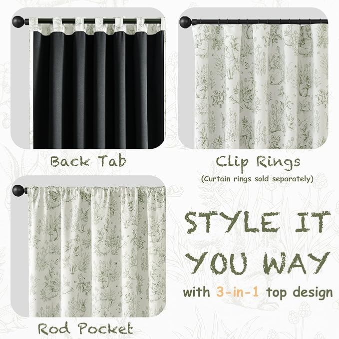 jinchan 95% Blackout Nursery Curtains 84 Inches Long, Bunny Woodland Toile Curtains Sage Green on Beige Animal Printed Drapes Rod Pocket Thermal Insulated Bedroom Farmhouse Window Treatment 2 Panels