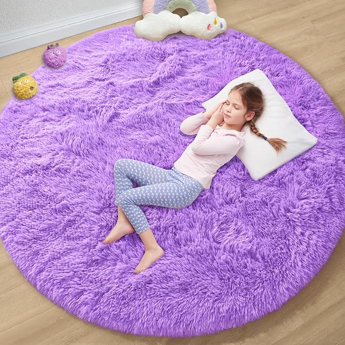 EVOIONOS Purple Round Rug for Bedroom, 5x5 Ft Fluffy Soft Circle Area Rugs for Living Room, Plush Shaggy Circular Carpet for Indoor Floor Bedside Girls Nursery, Machine-Washable Home Decor Aesthetic