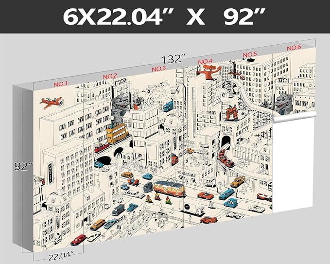XMPMBM-Cartoon Comics City Nursery Room Fabric Wallpaper Kids Bedroom Hand-Painted Graffiti Wall Mural-W 132" X H 92"（93 Square Foot）