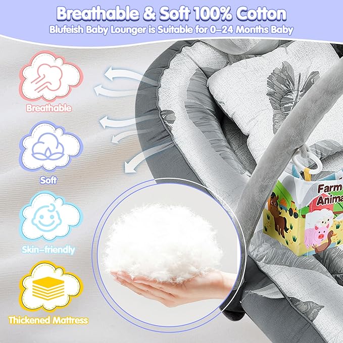 Portable Baby Lounger with 4 Toys,Infant Lounger with Fitness Rack, Breathable & Soft Cotton Newborn Lounger Machine-Washable