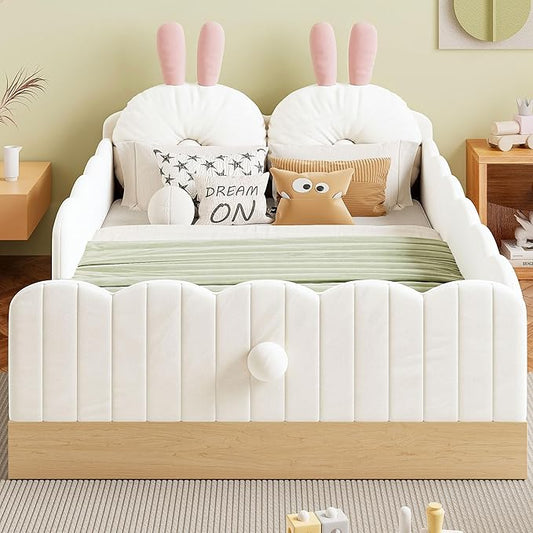 Lovely Twin Size Upholstered Platform Bed with 2 Soft Pillows and Storage Bags, Princess Bed Frame with Cute Rabbit Ear Shaped Headboard and Guardrails for Bedroom, No Box Spring Required (Beige-X52)
