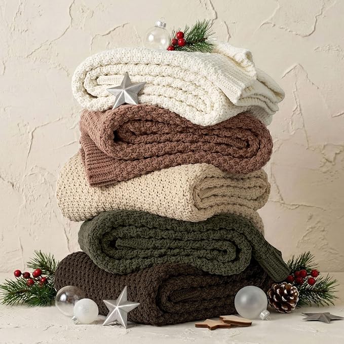EVERGRACEHOME Chunky Chenille Knit Throw Blanket for Couch, Soft Luxurious Moss Stitch Blankets for Bed, Cozy Decorative Farmhouse Knitted Throws for Sofa, Cocoa Brown, 50" x 60"