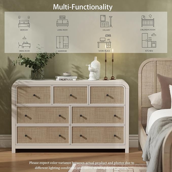 Oak&Sparrow 7 Drawer Dresser for Bedroom, 49'' Rattan Dresser with Ample Storage, Boho Chest of Drawers, Thickened Curved Profile Design, Oak Dressers for Bedroom, Living Room