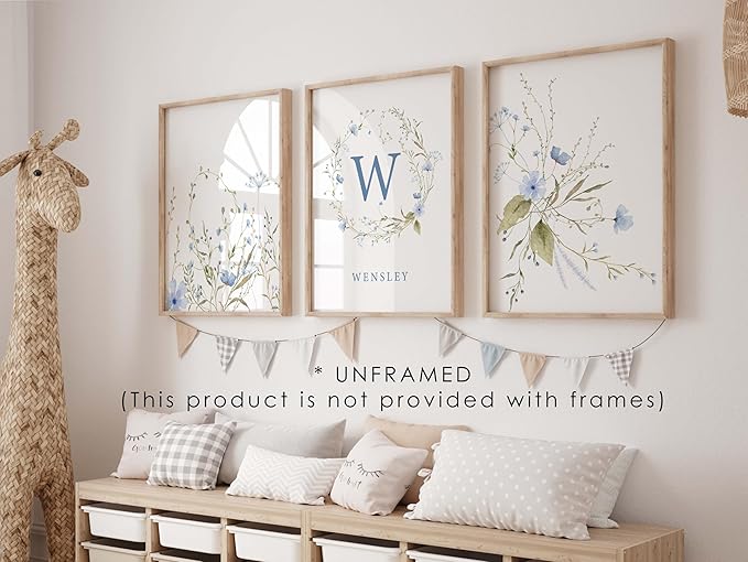 Personalized Name Flower Nursery Wall Art Prints, Crib & Nursery décor, Newborn Baby Girl Gift Present, Floral Baby Girl Room Pictures, Poster For Baby And Kids (3 Prints, Flower 7)