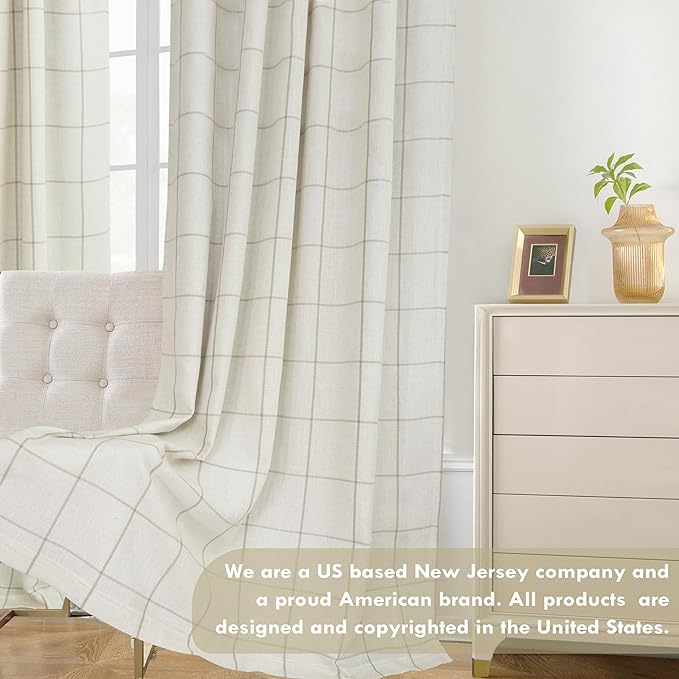 DriftAway 2 Panels 100% Blackout Windowpane Plaid Linen Curtains Double Layer Drapes for Bedroom 90 Inches Long Farmhouse Thermal Insulated 3.25 Inch Rod Pocket Back Tab for Living Room Taupe