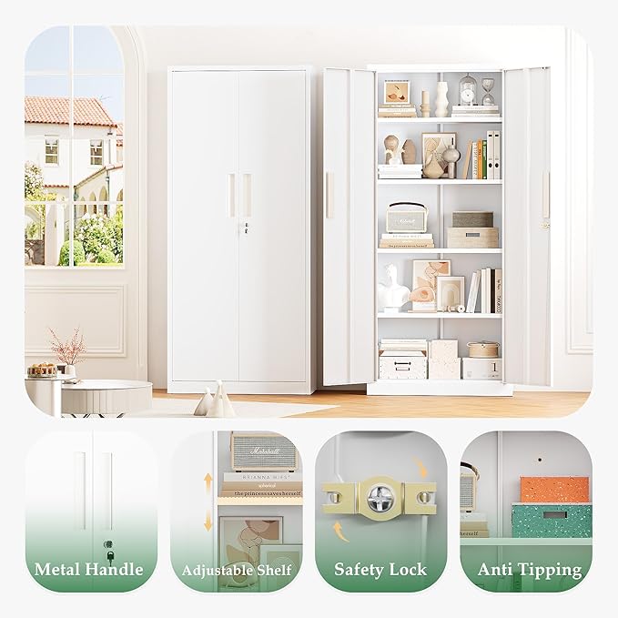 Crownland 63" Metal Storage Cabinet, Lockable Garage Storage Cabinets, High Office Cabinet with Adjustable Shelves for Garage, Home Office, Pantry, File(White)
