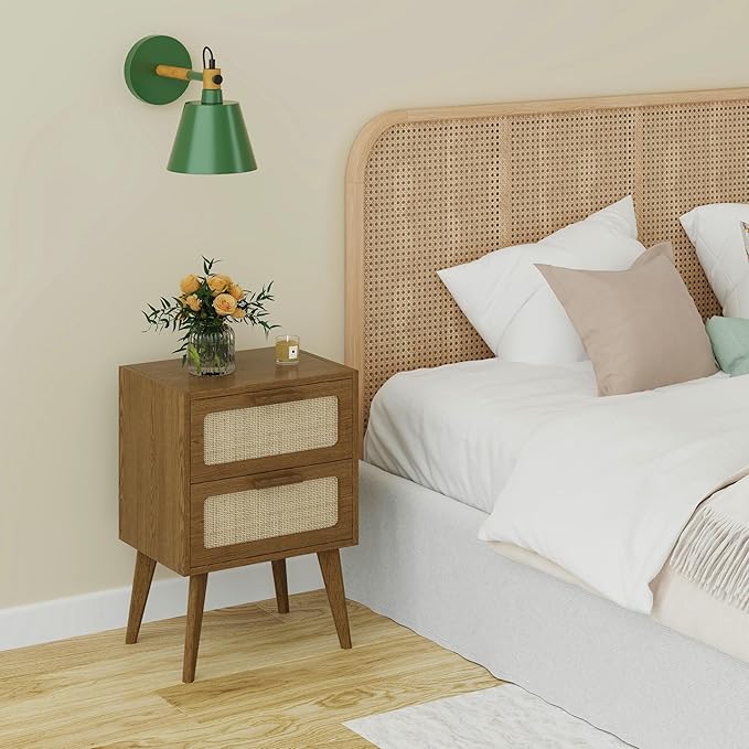 Rattan Nightstand Set of 2,Mid Century Modern Bedside with Drawers,End Table, Side Table with 2 Hand Made Rattan Decorated Drawers for Livingroom,Bedroom,Caramel Oak CTG59BR-2