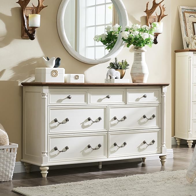 T4TREAM Farmhouse 7 Drawers Dresser Chests for Bedroom w/ 4 Solid Wood Feet & Column Decor, Tall Wide Wood Country Rustic Chest of Drawers, Storage Dressers for Bedroom, Living Room, Antique White