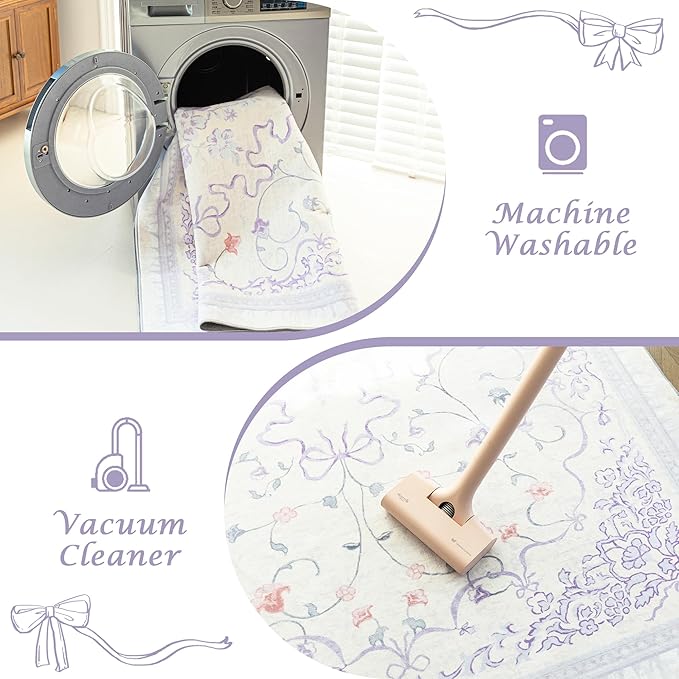 Pastel Purple Rug for Bedroom Dorm Kids Play Room - Light Lavender Blue Pink 5x7 Washable Whimsical Fairy Bow Floral Fun Area Rug for Girls Room Nursery Toddler