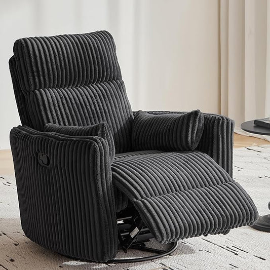 LINSY 360 Swivel Recliner Chair - Corduroy Nursery Glider Rocking Chair with 2 Pillows, Comfy High Back Adult Recliner for Small Spaces, Nursery Bedroom Living Room Reclining (Black)