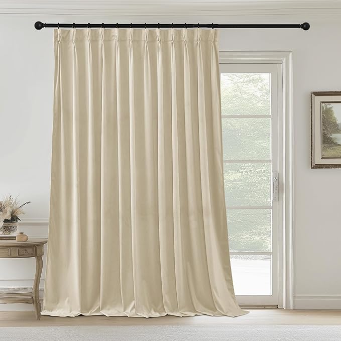 StangH Pinch Pleated Extra Wide Velvet Curtains, Beige Room Darkening Privacy Bedroom Drapes Luxury Soft Thermal Insulated Window Covering for Living Room Office, W72 x L108, 1 Panel