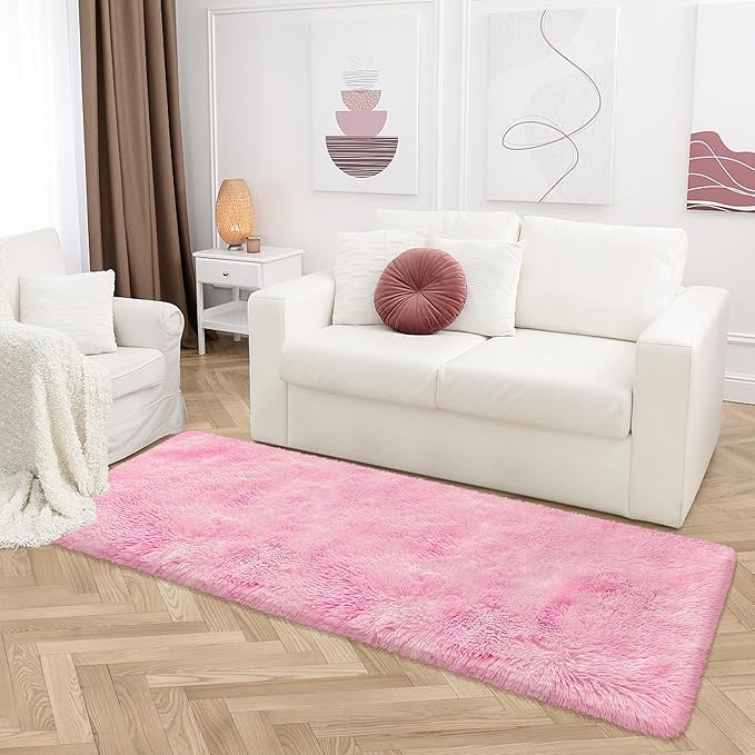 Plush Fluffy Pink Rugs for Bedroom Girls Room 2x6 Runner Pink Area Rug for Bedroom Bedside Living Room Hallway Fuzzy Shag Carpet for Kids Room Nursery