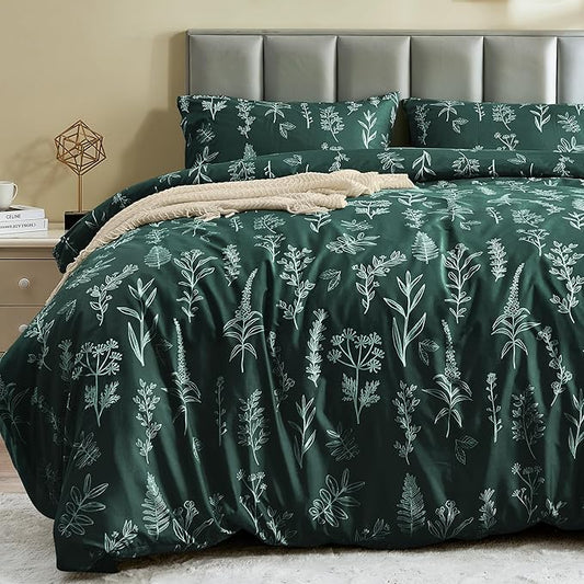 MUXHOMO Duvet Cover King Size, Reversible Floral Forest Green Duvet Cover Set with Zipper Closure, 3 Pieces Botanical Patterns Soft Microfiber Bedding Set with 4 Ties (90"x104", 2 Pillow Cases)