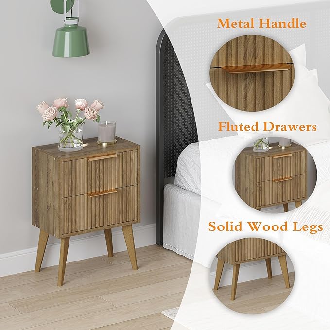 Nightstand with 2 Drawers,Mid Century Modern Bedside Table with Handles,Fluted Side Table with Solid Wood Legs,Walnut Brown End Table for Living Room,Bedroom,Caramel Oak CTG55BR