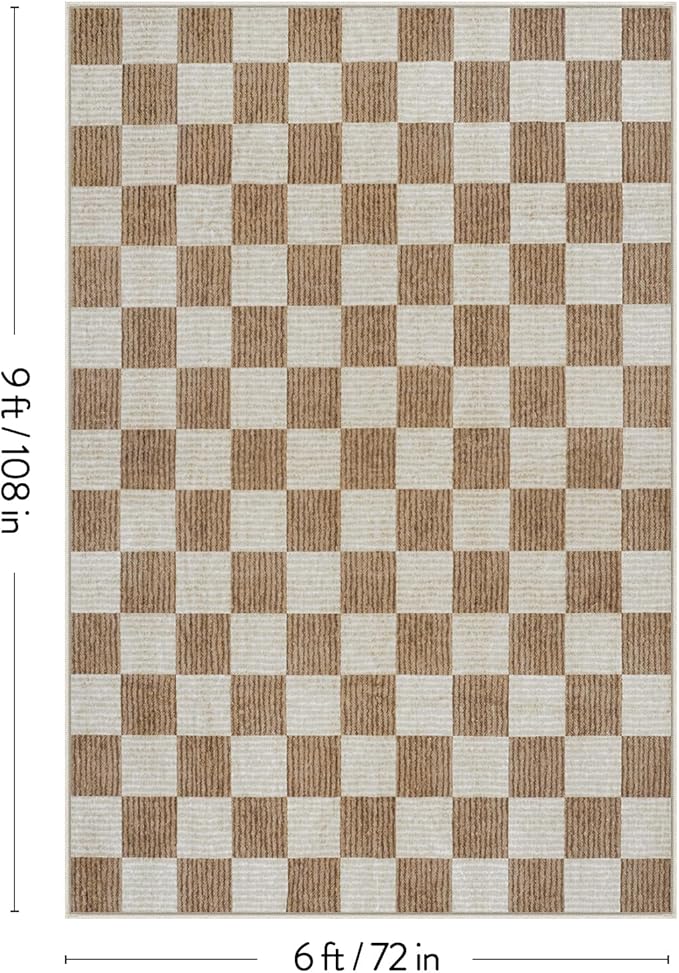 LIVEBOX Machine Washable Area Rug 6x9 Checkered, Non Slip Soft Large Bedroom Living Room Rug Farmhouse Neutral Classic Geometric Boys Rug, Indoor Carpet for Den Dorm Playroom(Brown,6'x9')