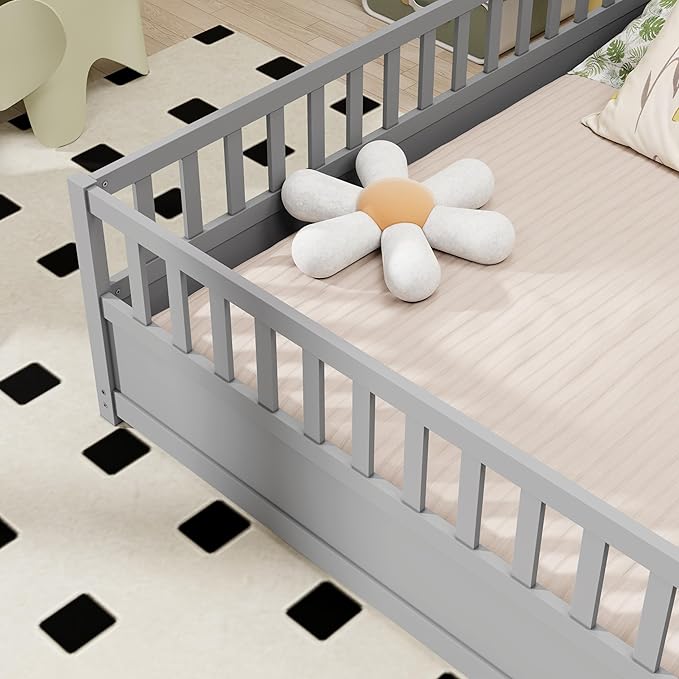 Ball & Cast Full Size Montessori Floor Bed with Baffle Design & Open Door,Toddler Floor Bed Frame W/Fence and High Guardrails,Wooden Playhosue Bed for Girls and Boys,No Box Spring Needed,Grey