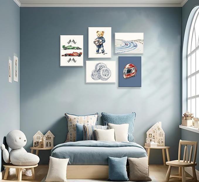 Vintage Racing Car Nursery Wall Art Teddy Bear Pictures Wall Decor Boy Navy Blue Vehicle Posters Retro Sport Painting Canvas Print Artwork for Kids Boy Room Playroom, Framed