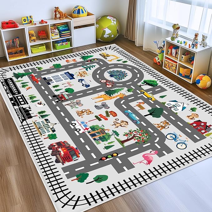Baby Play Mat, Playroom Rug for Kids, Non Slip Washable Toddler Floor Mat, Car Rug for Kids Toy Cars, City Road Carpet for Playroom Bedroom Boys, Car Track Map Playmat - 5x7ft