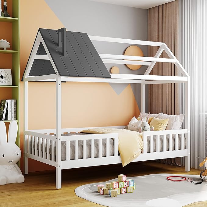 Merax Twin House Bed for Kids,Wood Twin Bed Frame House-Shaped Bed Platform Bed Frame with Roof Windows and Full-Length Safety Rails White+Grey