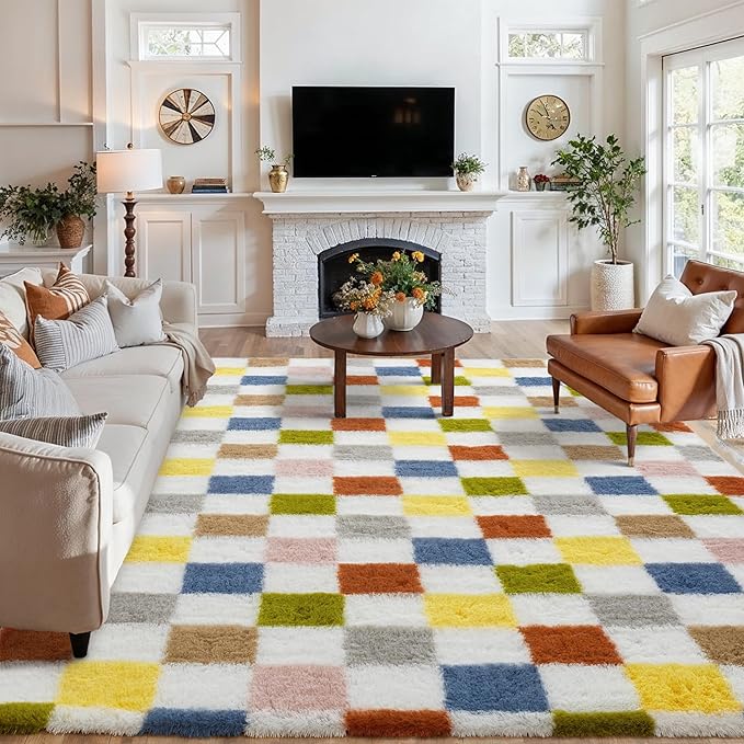 Checkered Rug 6x9 for Living Room, Colorful Modern Shag Rug Washable Non-Slip Large Area Rug Super Soft Indoor Fuzzy Carpet Fluffy Rugs for Bedroom Home Aesthetic Decor