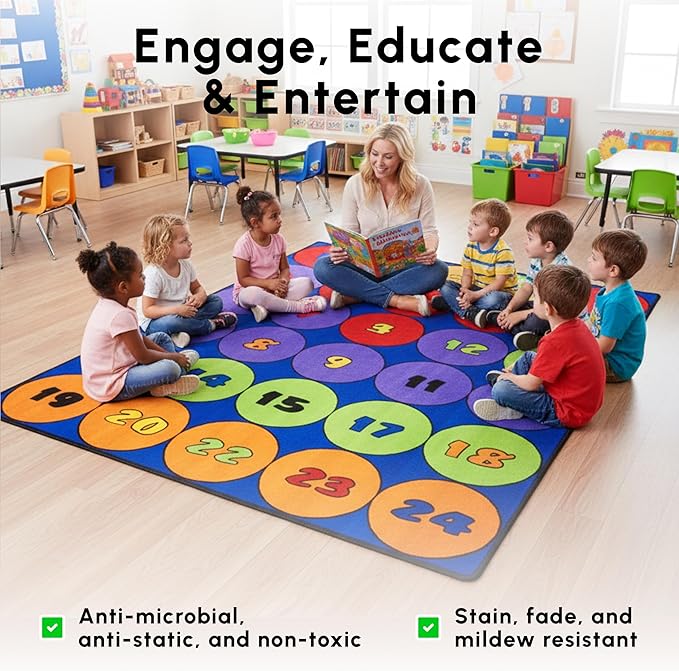 SAFECASTLE Kids Carpet Sitting Circles Rug – 7'8" x 12'8" – Large Classroom Seating Rug with 24 Numbered Circles – Colorful Educational Learning Carpet for Preschool, Kindergarten, Daycare & Playroom