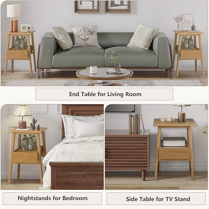 Night Stand with Drawer, Mid Century Modern Nightstand, Bedside Tables with Open Storage Shelf,Large Storage End Table, Bamboo Night Stands for Bedrooms