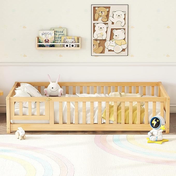 Twin Size Montessori Floor Bed with Slats, Twin Size Floor Bed with Door and Fence, Easy Assemble Montessori Beds for Girls, Boys, Natural
