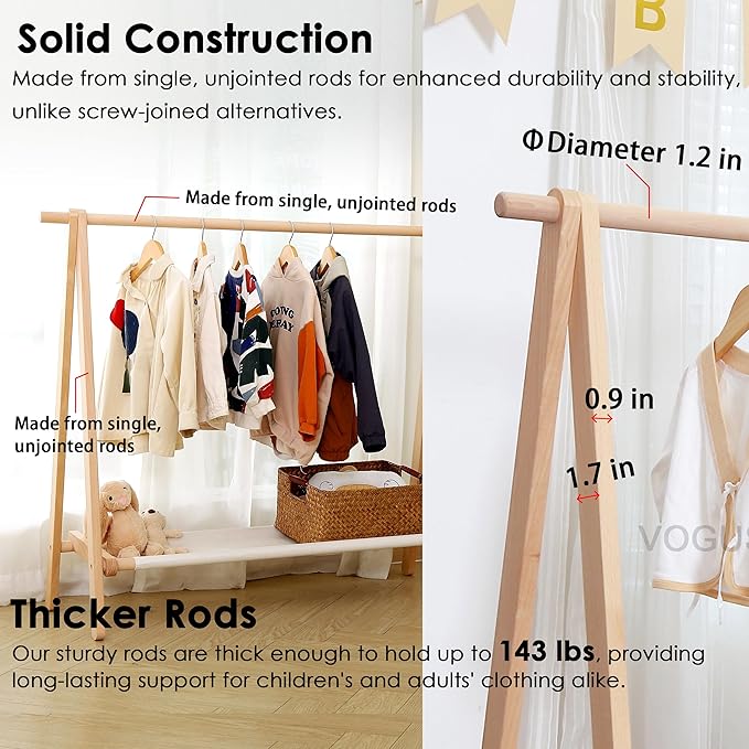 Dress up Rack, Child Garment Rack, Kids Clothing Rack with Storage Shelf (Natural Beech, 47.5" L x 14.5" W x 40" H)