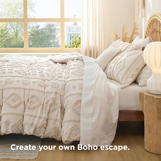 Bedsure Boho Duvet Cover King - Beige Tufted Boho Bedding, Farmhouse Shabby Chic Embroidery Bedding for All Seasons, 3 Pieces, 1 Soft Jacquard King Comforter Cover and 2 Pillow Shams