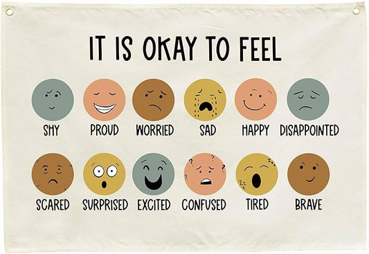 Classroom Wall Decor-Teacher Gift-Nursery Decor-Rectangular Banner Flag Wall Decor for Reading Room-Positive Growth Mindset Mental Health Quotes for Baby Kids Girl Boy-It is Okay to Feel-28.5"L×20"W